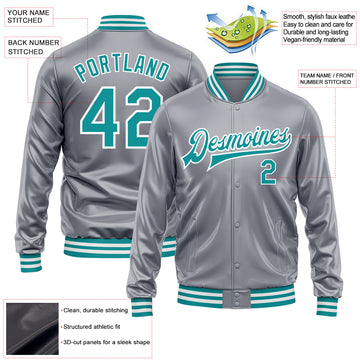 Custom Gray Teal-White Bomber Full-Snap Varsity Faux Leather Letterman Jacket