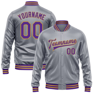 Custom Gray Purple-Old Gold Bomber Full-Snap Varsity Faux Leather Letterman Jacket