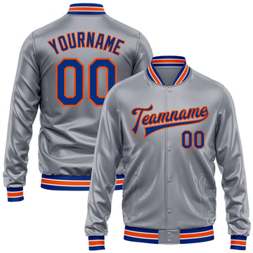 Custom Gray Royal-Orange Bomber Full-Snap Varsity Faux Leather Letterman Jacket