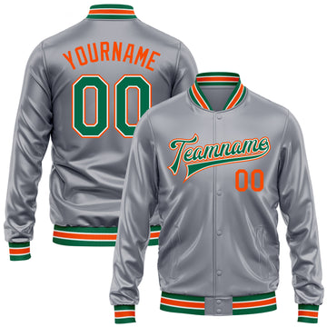 Custom Gray Kelly Green Orange-White Bomber Full-Snap Varsity Faux Leather Letterman Jacket