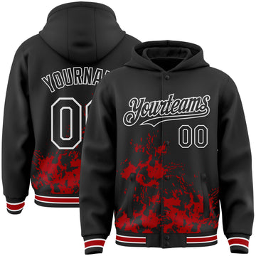 Custom Black Red-White Splash Art 3D Pattern Design Bomber Full-Snap Varsity Letterman Hoodie Jacket
