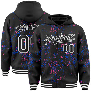 Custom Black Thunder Blue Pink-White Fragment 3D Pattern Design Bomber Full-Snap Varsity Letterman Hoodie Jacket