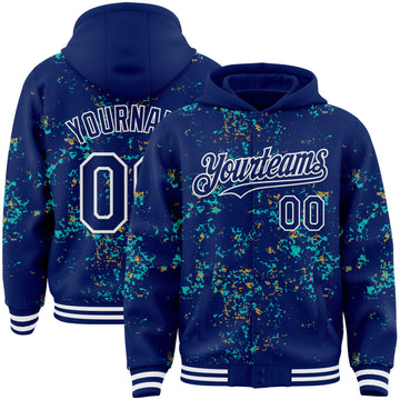 Custom Royal Aqua Old Gold-White Fragment 3D Pattern Design Bomber Full-Snap Varsity Letterman Hoodie Jacket