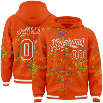 Custom Orange Neon Green Thunder Blue-White Fragment 3D Pattern Design Bomber Full-Snap Varsity Letterman Hoodie Jacket