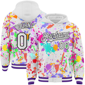 Custom Graffiti Pattern White Purple-Black Splash Bomber Full-Snap Varsity Letterman Hoodie Jacket