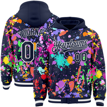 Custom Graffiti Pattern Navy-White Splash Bomber Full-Snap Varsity Letterman Hoodie Jacket