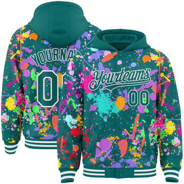 Custom Graffiti Pattern Teal-White Splash Bomber Full-Snap Varsity Letterman Hoodie Jacket