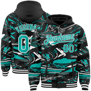 Custom Figure Aqua Black-White Fluid Bomber Full-Snap Varsity Letterman Hoodie Jacket