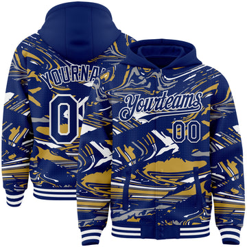 Custom Figure Royal Old Gold-White Fluid Bomber Full-Snap Varsity Letterman Hoodie Jacket