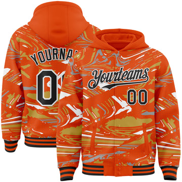 Custom Figure Black Orange Old Gold-White Fluid Bomber Full-Snap Varsity Letterman Hoodie Jacket