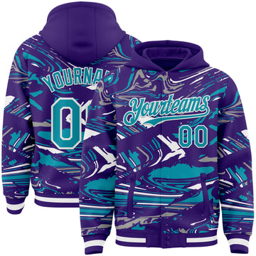 Custom Figure Teal Purple-White Fluid Bomber Full-Snap Varsity Letterman Hoodie Jacket