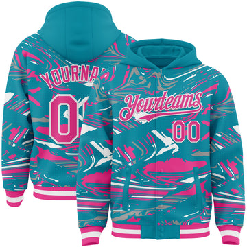 Custom Figure Pink Teal-White Fluid Bomber Full-Snap Varsity Letterman Hoodie Jacket