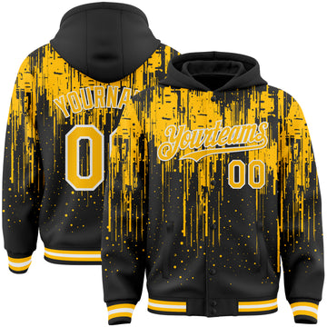 Custom Black Gold-White Dripping Splatter 3D Pattern Design Bomber Full-Snap Varsity Letterman Hoodie Jacket