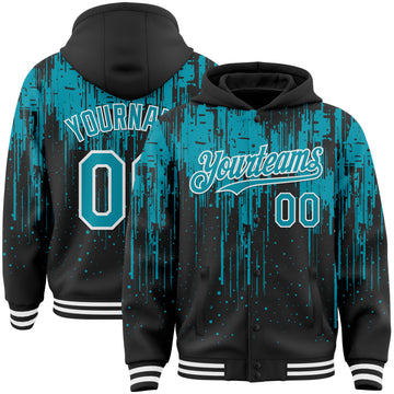 Custom Black Teal-White Dripping Splatter 3D Pattern Design Bomber Full-Snap Varsity Letterman Hoodie Jacket