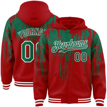 Custom Royal Kelly Green-White Dripping Splatter 3D Pattern Design Bomber Full-Snap Varsity Letterman Hoodie Jacket