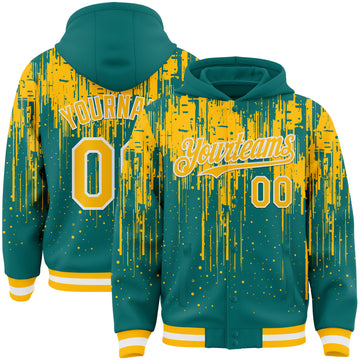 Custom Teal Gold-White Dripping Splatter 3D Pattern Design Bomber Full-Snap Varsity Letterman Hoodie Jacket