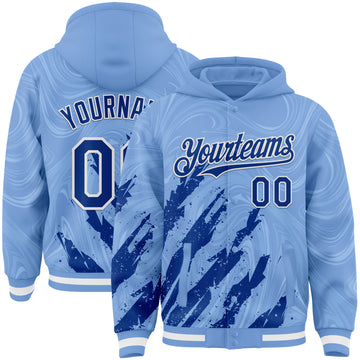 Custom Light Blue Royal-White Splash 3D Pattern Design Bomber Full-Snap Varsity Letterman Hoodie Jacket
