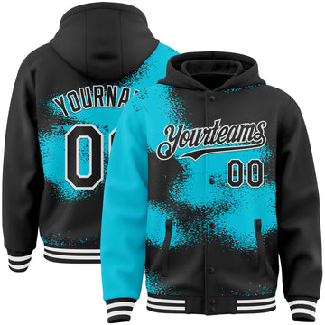Custom Black Lakes Blue-White Abstract Color Blocks Fragment 3D Pattern Design Bomber Full-Snap Varsity Letterman Hoodie Jacket