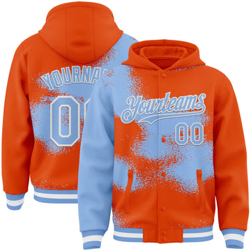 Custom Orange Light Blue-White Abstract Color Blocks Fragment 3D Pattern Design Bomber Full-Snap Varsity Letterman Hoodie Jacket
