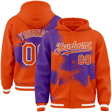 Custom Orange Purple-White Abstract Color Blocks Fragment 3D Pattern Design Bomber Full-Snap Varsity Letterman Hoodie Jacket