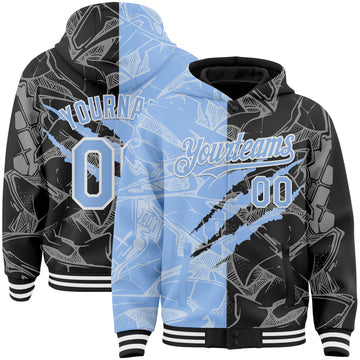 Custom Graffiti Pattern Light Blue Black-White Scratch Bomber Full-Snap Varsity Letterman Hoodie Jacket