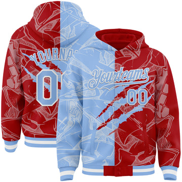 Custom Graffiti Pattern Light Blue Red-White Scratch Bomber Full-Snap Varsity Letterman Hoodie Jacket