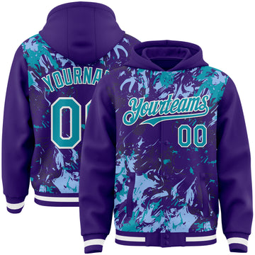 Custom Purple Teal Light Blue-White Splash 3D Pattern Design Bomber Full-Snap Varsity Letterman Hoodie Jacket