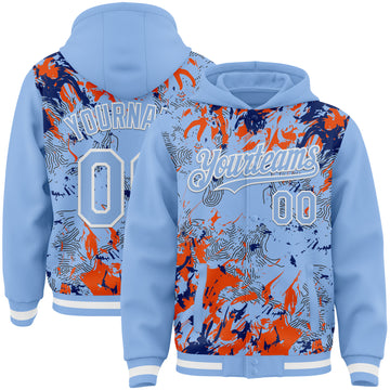 Custom Light Blue Royal Orange-White Splash 3D Pattern Design Bomber Full-Snap Varsity Letterman Hoodie Jacket