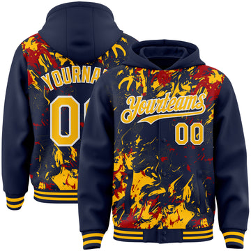 Custom Navy Gold Red-White Splash 3D Pattern Design Bomber Full-Snap Varsity Letterman Hoodie Jacket