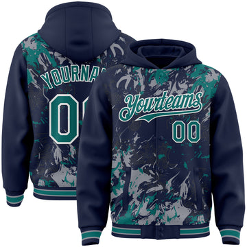 Custom Navy Teal Gray-White Splash 3D Pattern Design Bomber Full-Snap Varsity Letterman Hoodie Jacket