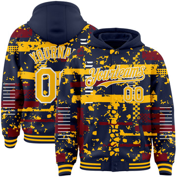 Custom Navy Gold Crimson-White Abstract Fragment Shape 3D Pattern Design Bomber Full-Snap Varsity Letterman Hoodie Jacket