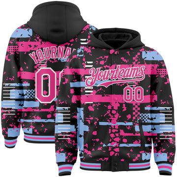 Custom Black Pink Light Blue-White Abstract Fragment Shape 3D Pattern Design Bomber Full-Snap Varsity Letterman Hoodie Jacket