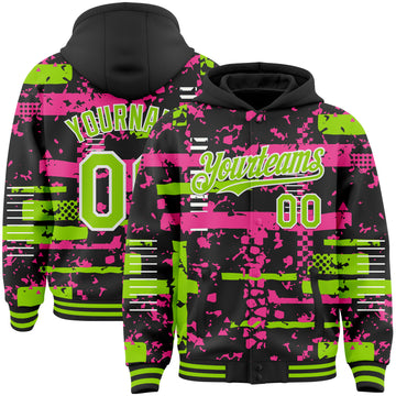 Custom Black Neon Green Pink-White Abstract Fragment Shape 3D Pattern Design Bomber Full-Snap Varsity Letterman Hoodie Jacket
