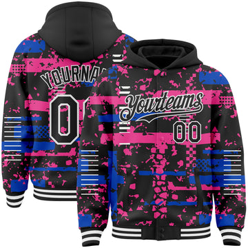 Custom Black Thunder Blue Pink-White Abstract Fragment Shape 3D Pattern Design Bomber Full-Snap Varsity Letterman Hoodie Jacket