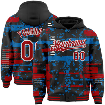 Custom Black Red Blue-White Abstract Fragment Shape 3D Pattern Design Bomber Full-Snap Varsity Letterman Hoodie Jacket