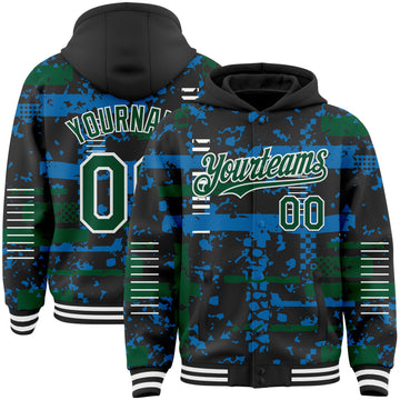 Custom Black Kelly Green Blue-White Abstract Fragment Shape 3D Pattern Design Bomber Full-Snap Varsity Letterman Hoodie Jacket