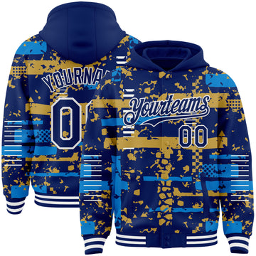 Custom Royal Powder Blue Old Gold-White Abstract Fragment Shape 3D Pattern Design Bomber Full-Snap Varsity Letterman Hoodie Jacket