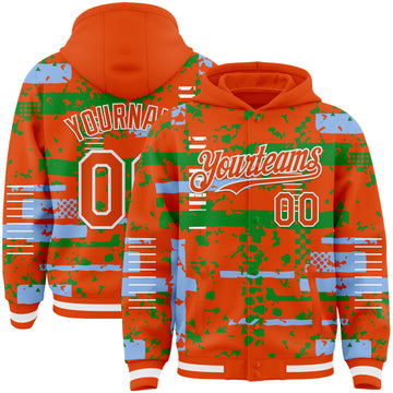 Custom Orange Light Blue Grass Green-White Abstract Fragment Shape 3D Pattern Design Bomber Full-Snap Varsity Letterman Hoodie Jacket