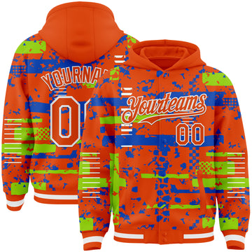 Custom Orange Neon Green Thunder Blue-White Abstract Fragment Shape 3D Pattern Design Bomber Full-Snap Varsity Letterman Hoodie Jacket