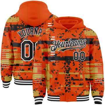 Custom Orange Black Old Gold-White Abstract Fragment Shape 3D Pattern Design Bomber Full-Snap Varsity Letterman Hoodie Jacket