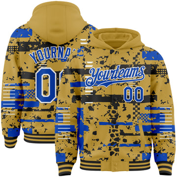 Custom Old Gold Thunder Blue Black-White Abstract Fragment Shape 3D Pattern Design Bomber Full-Snap Varsity Letterman Hoodie Jacket