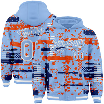 Custom Light Blue Royal Orange-White Abstract Fragment Shape 3D Pattern Design Bomber Full-Snap Varsity Letterman Hoodie Jacket