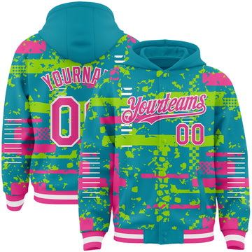 Custom Teal Pink Neon Green-White Abstract Fragment Shape 3D Pattern Design Bomber Full-Snap Varsity Letterman Hoodie Jacket