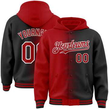 Custom Red Black-White Gradient Line Bomber Full-Snap Varsity Letterman Hoodie Jacket