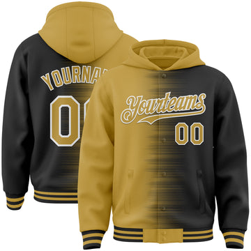 Custom Old Gold Black-White Gradient Line Bomber Full-Snap Varsity Letterman Hoodie Jacket