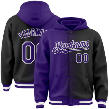 Custom Purple Black-White Gradient Line Bomber Full-Snap Varsity Letterman Hoodie Jacket