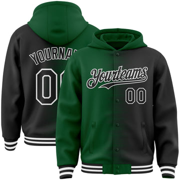 Custom Green Black-White Gradient Line Bomber Full-Snap Varsity Letterman Hoodie Jacket