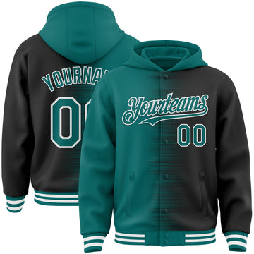 Custom Teal Black-White Gradient Line Bomber Full-Snap Varsity Letterman Hoodie Jacket