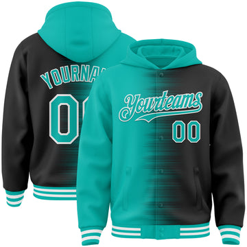 Custom Aqua Black-White Gradient Line Bomber Full-Snap Varsity Letterman Hoodie Jacket