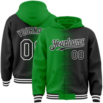 Custom Grass Green Black-White Gradient Line Bomber Full-Snap Varsity Letterman Hoodie Jacket